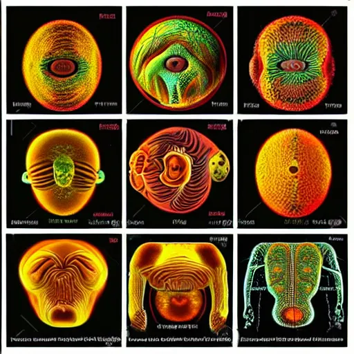 Prompt: Steps of the morphogenesis of a human embryo. Alex Grey style