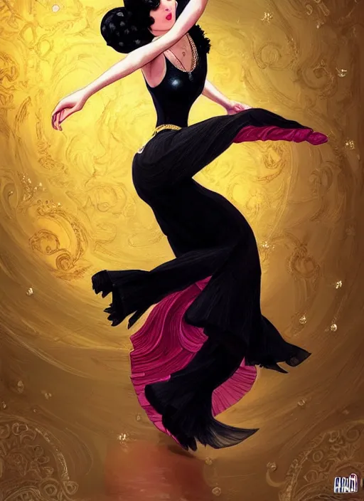 Image similar to a beautiful dancer with black hair in 1920's fashion, ballroom background, intricate, highly detailed, digital painting, artstation, official media, anime key visual, concept art, rich vivid colors, ambient lighting, sharp focus, illustration, art by Artgerm, Makoto Shinkai, Ilya Kuvshinov, Lois Van Baarle, and Rossdraws