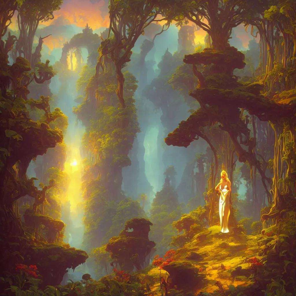 Image similar to enchanted temple landscape in the style of riven and myst by rhads and marc simonetti and alphonse mucha. vivid color, highly detailed, mystical, digital painting, artstation, concept art, matte, sharp focus.