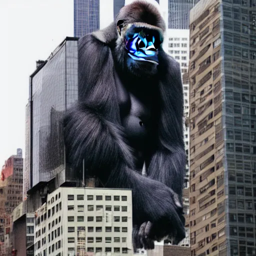 Prompt: a gigantic gorilla towering over buildings in new york