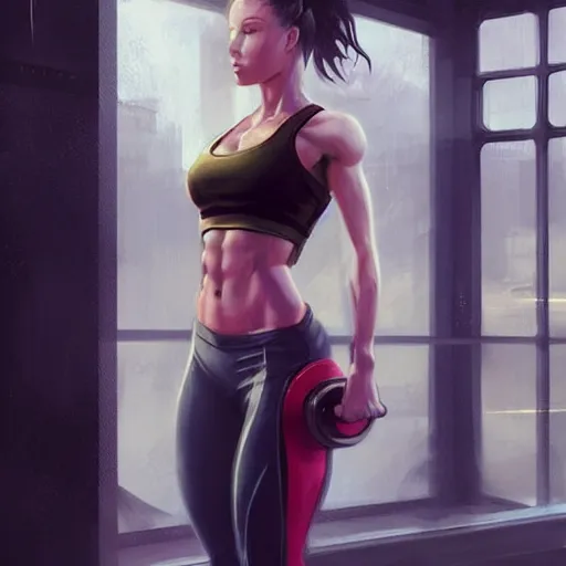 Prompt: beautiful woman working out in a gym, abs, art by greg rutkowski, artgerm, artstation, highly detailed, pretty, gorgeous, cute