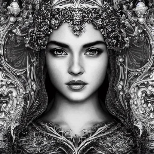 Image similar to wonderful princess, beautiful face, hyper detailed, flowing background intricate and detailed, ornate 8 k gorgeous intricate detailed, octane render,, black and white