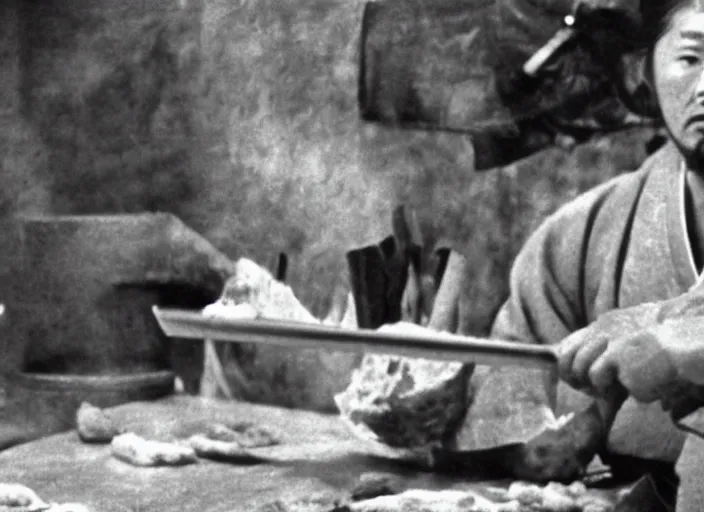 Image similar to a movie still of a samurai slicing a loaf of bread, a movie by Akira Kurosawa