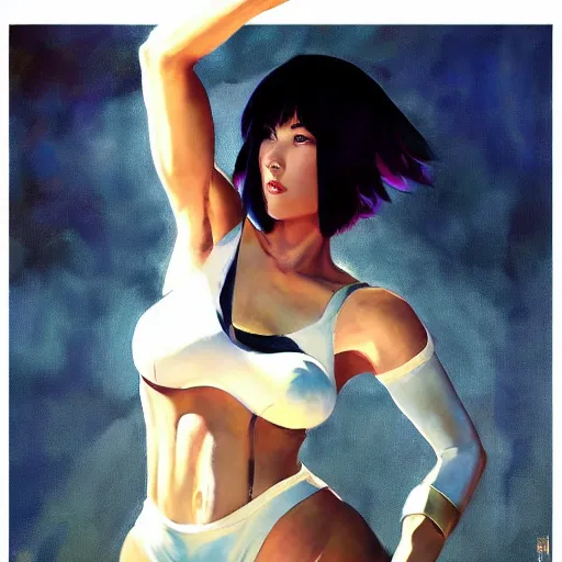 Prompt: greg manchess portrait painting of motoko kusanagi showing cybernetic parts of her body, medium shot, asymmetrical, profile picture, organic painting, sunny day, matte painting, bold shapes, hard edges, street art, trending on artstation, by huang guangjian and gil elvgren and sachin teng