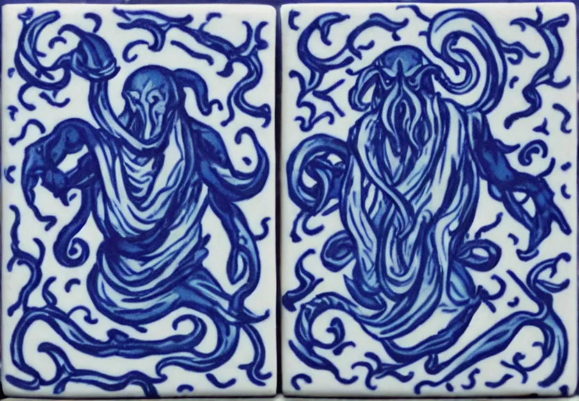 Prompt: azulejo blue and white painted tile art of robed culstists kneeling before cthulhu