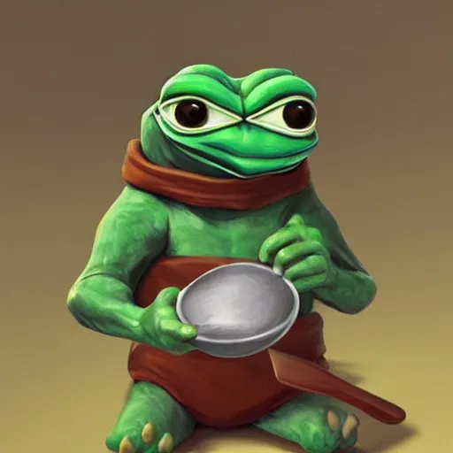 Image similar to pepe with a spoon, realistic, detailed, artstation