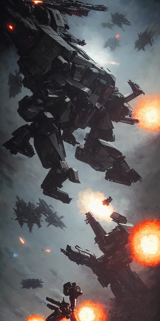 Image similar to an armored core v on the ground, booster flares, legs, laser rifles, karst landscape ; cinematic contrast, dynamic backlighting, sharp edge, motion blur, art by greg rutkowski