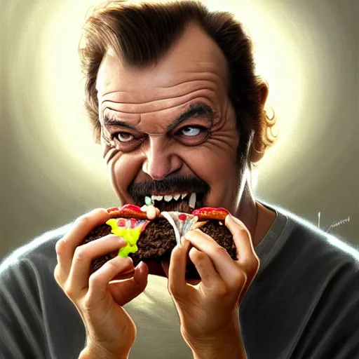 Image similar to portrait of jack nicholson eating hamburgers, extra onions and ketchup, luscious patty with sesame seeds, feminine ethereal, handsome, d & d, fantasy, intricate, elegant, highly detailed, digital painting, artstation, concept art, matte, sharp focus, illustration, art by artgerm and greg rutkowski and alphonse mucha