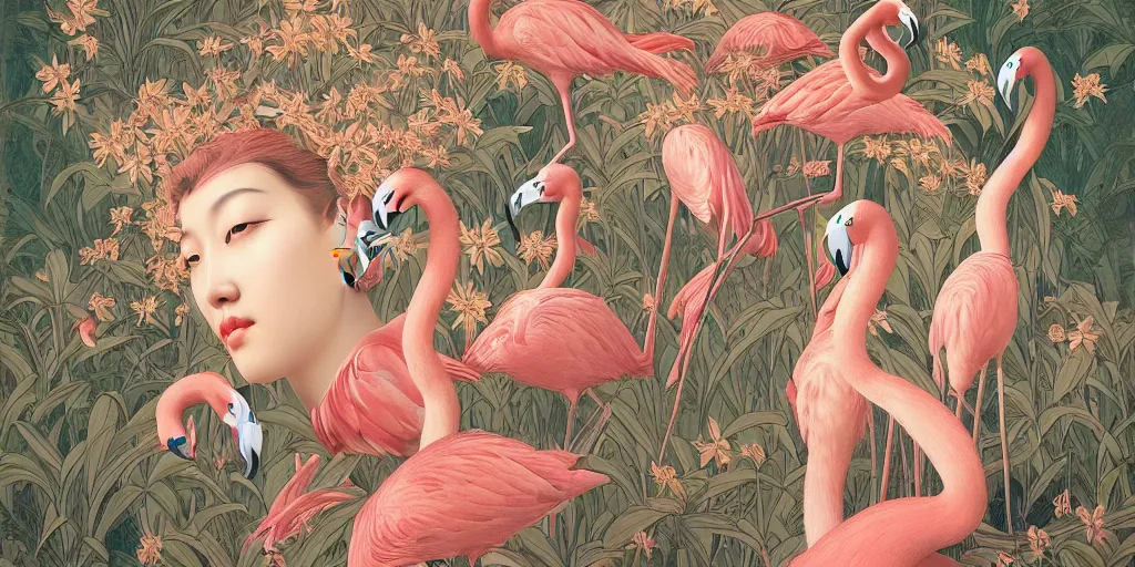 Image similar to breathtaking detailed concept art painting art deco pattern of faces goddesses of flamingo with anxious piercing eyes and blend of flowers and birds, by hsiao - ron cheng and john james audubon, bizarre compositions, exquisite detail, extremely moody lighting, 8 k