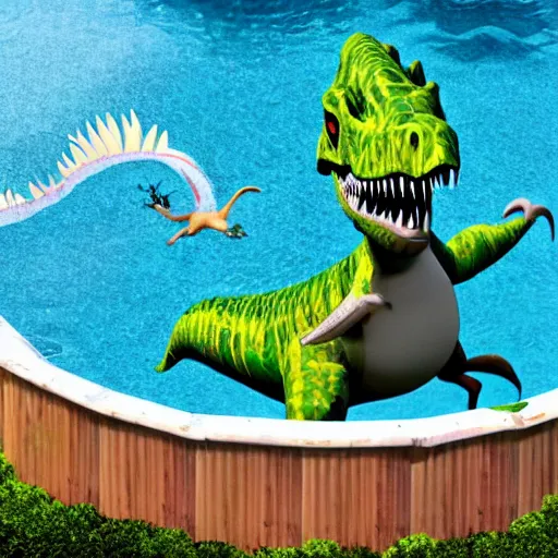 Image similar to a dinosaur is drowning in the pool