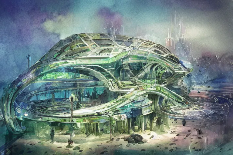 Image similar to watercolor artwork of futuristic underwater eco friendly city : : green, art nouveau, trending on artstation