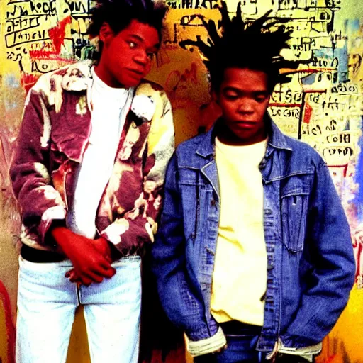 Prompt: portrait photo of jean - michel basquiat and kurt cobain in basquiat ’ s studio, photorealistic,