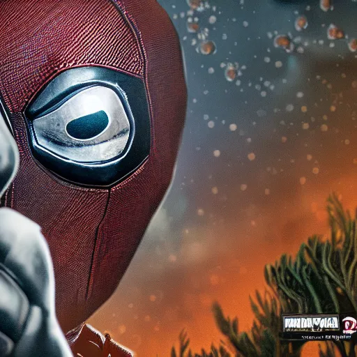 Image similar to deadpool comes out from a alien egg, ultra realistic, intricate details, highly detailed, photorealistic, 8 k, vegetation, water, moonlight