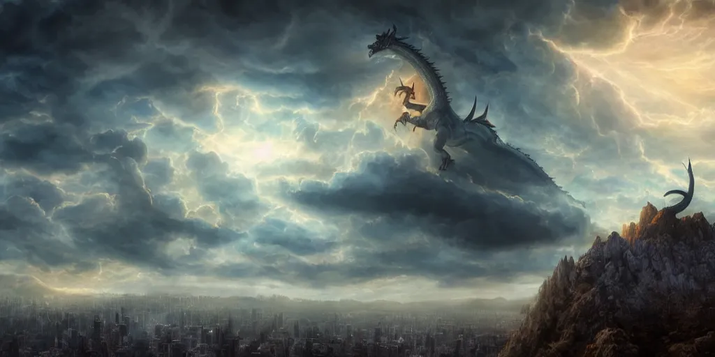 Prompt: !dream a beautiful digital painting of dragon alone in sky, night clouds, above city, atmospheric lighting, Octane Render a fantasy digital painting by James Gurney, trending on Artstation, hyperrealistic, realistic, photorealistic, dynamic lighting, highly detailed, cinematic landscape, studio lighting