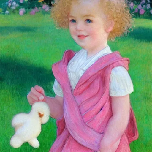 Image similar to a beautiful [[[smiling]]] little blonde toddler girl with short loosely curly hair, at the park on a beautiful day, holding a round all-pink stuffed penguin, by Artgerm, Mucha Klimt, Hiroshi Yoshida and Craig Mullins, featured on Artstation, CGSociety, Behance HD, Deviantart