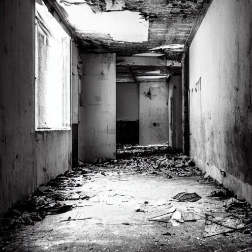 Prompt: a dark and musty hallway in an abandoned building