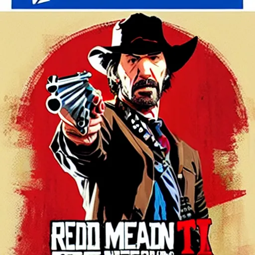 Image similar to Keanu Reeves as a Red Dead Redemption 2 character, dressed as a Western sheriff, game box art