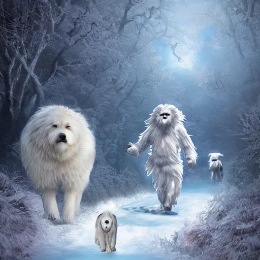 Image similar to fantasy art ultra detailed photo of a yeti and great pyrenees dog walking in a blizard