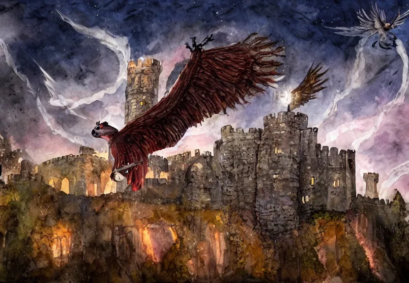 Image similar to legendary fire winged possum flying over a medieval forest castle at night under the dark starred sky, dark fantasy, watercolor, dreaming illusion, highly detailed, 4k, trending on Artstation