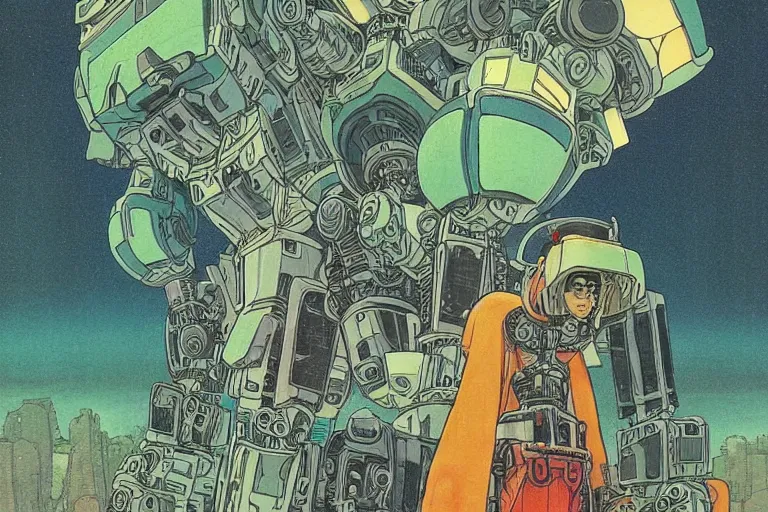 Image similar to gigantic man head, a lot of exotic vegetation around, trees, tremendous mecha robot, flowers, risograph!, oldschool vintage sci - fi flat surreal design, super - detailed, painting by moebius and satoshi kon and jodorowski