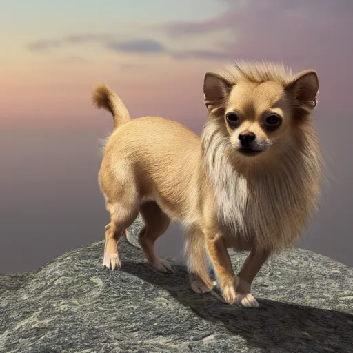 Image similar to chihuahua standing on a hill looking like a lion but it's a chihuahua, highly realistic digital art, 4 k, raytracing