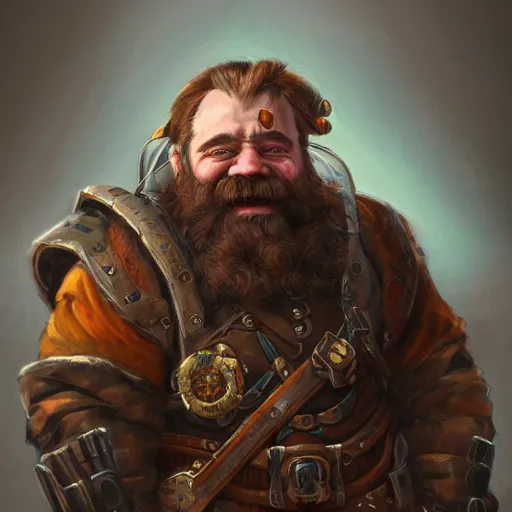 Prompt: a detailed portrait painting of the dwarf bardin goreksson steampunk engineer, artstation, 8 k, fantasy