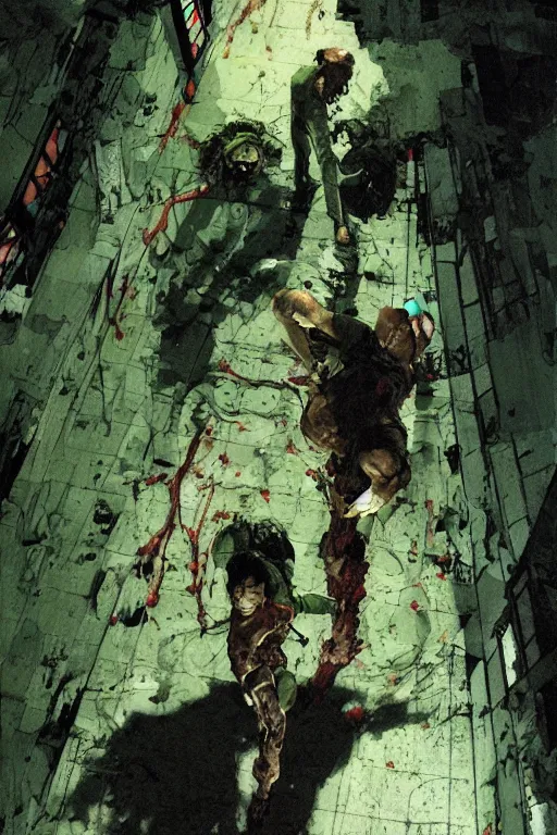 Prompt: full page illustration, tetsuo psychokinesis inside a green walled hospital hallway, Katsuhiro Otomo, Phil hale, Ashley wood, Ilya repin, frank frazetta, 8k, hd, high resolution print