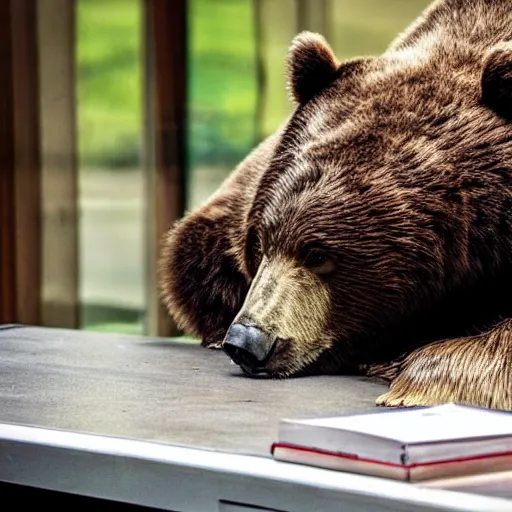 Prompt: bored bear, head leaning on paw with elbow on table