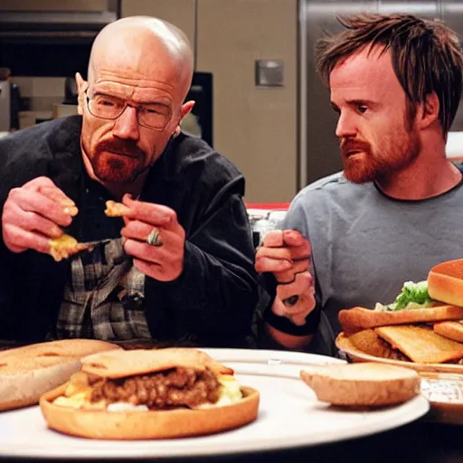 Image similar to walter white and jesse pinkman eating hamburger