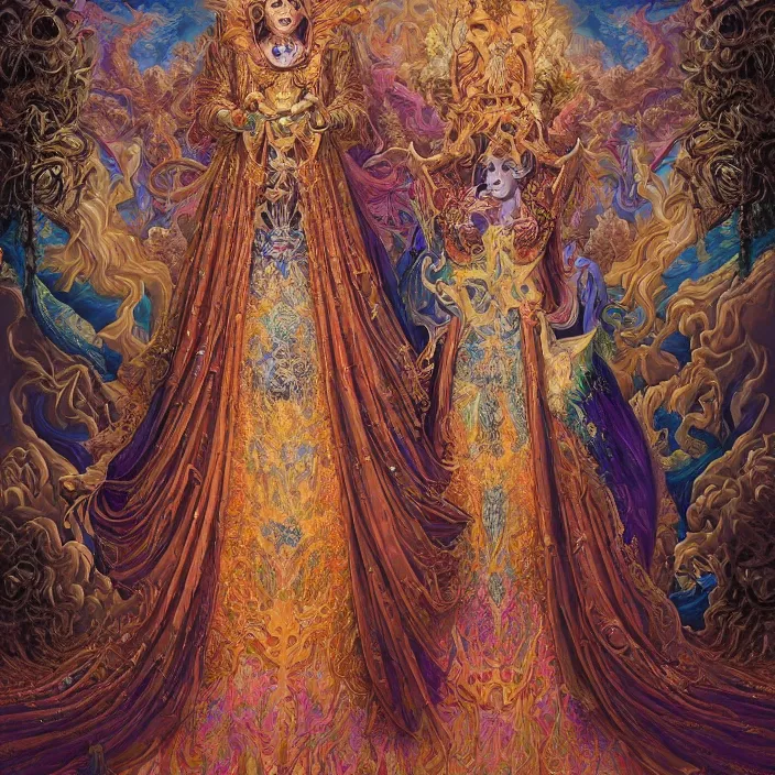 Image similar to beautiful oil painting, full length portrait of dauphinois in baroque coronation robes 1701, Dan Mumford, Dan Mumford, Alex grey, highly detailed , lsd visuals, dmt fractal patterns, hallucinogen, visionary art, psychedelic art, ornate, vaporwave, baroque, Greg rutkowski