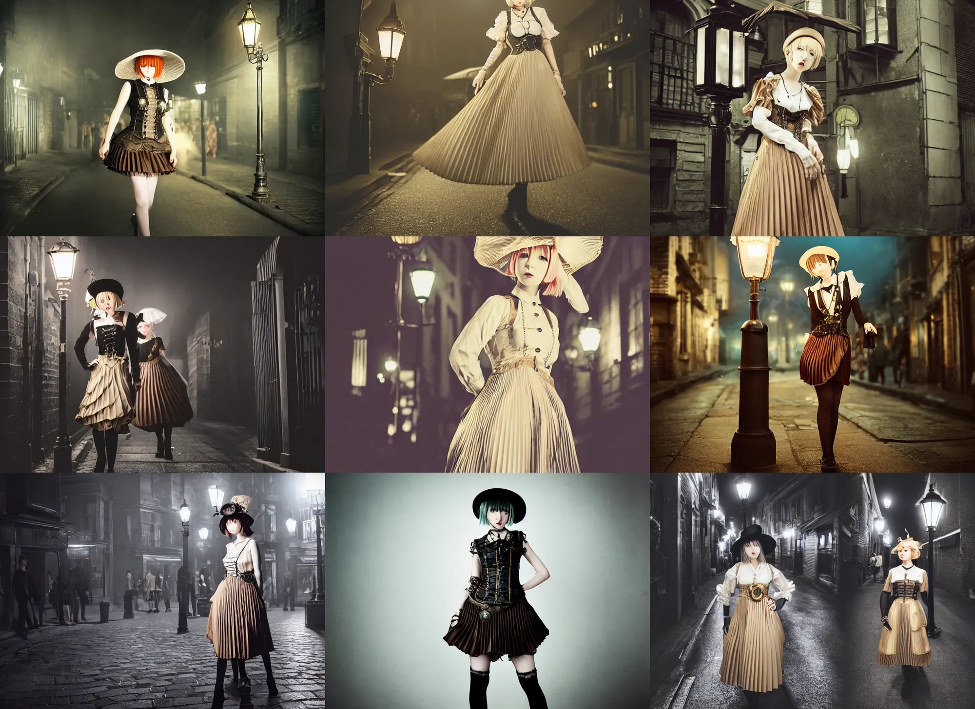 Prompt: full body portrait photo of reol wearing a elegant pleated steampunk dress, open top, wearing a cute hat, waling down a crowded victorian street exterior, streetlamps, dim studio lighting, at night, ( ( photograph ) ), moody, realistic, detailed, low light, skin tinted a warm tone, light blue filter, light matching