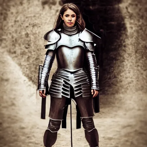 Image similar to a beautiful female knight in a light armor, without any battle experience, who only came to see a dragon, symmetrical, cinematic, real photography