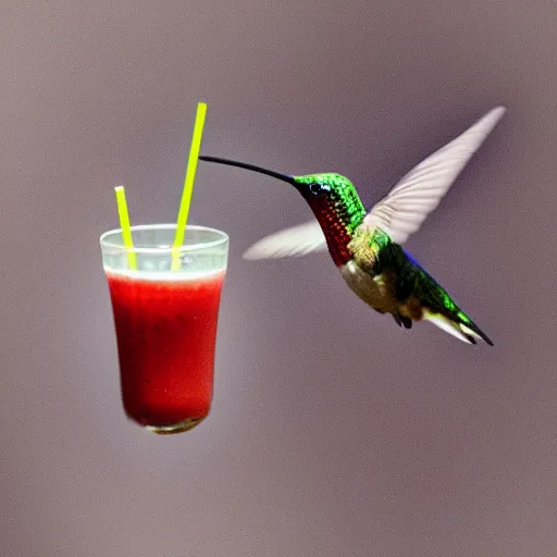 Image similar to photograph, a hummingbird drinking a milkshake from a straw, cherry on top