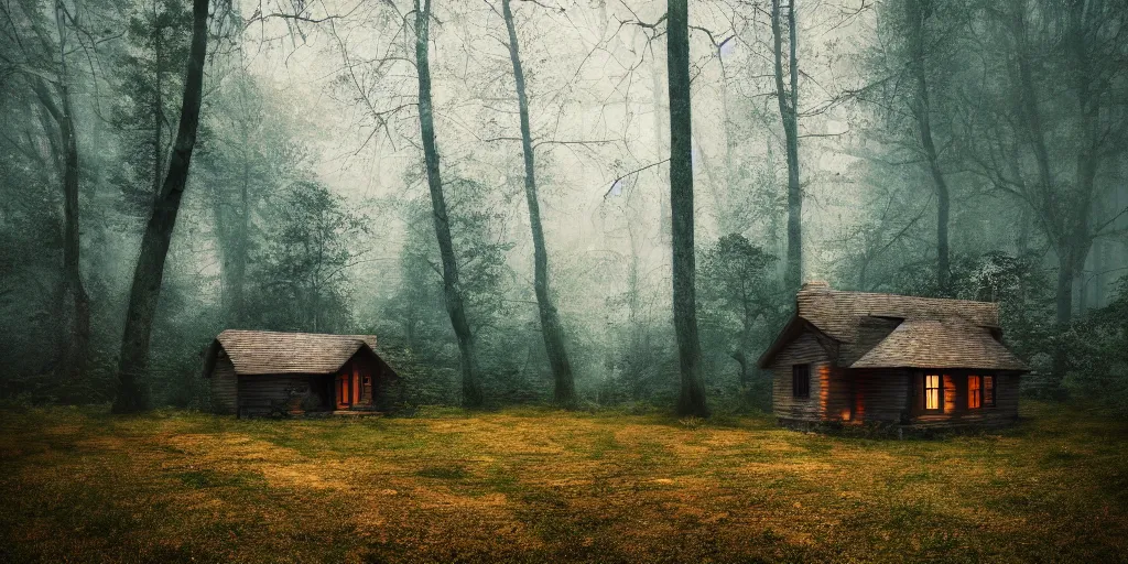 Prompt: a cottage in the woods and empty woods, 80mm lens, 8k, fantasy, hyper realistic, dramatic lighting, cinematic