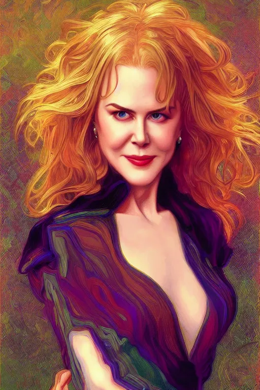 Prompt: portrait of nicole kidman, 8k, rich vivid colors, cinematic lighting, digital art, illustration, french noveau, alphonse mucha, artstation