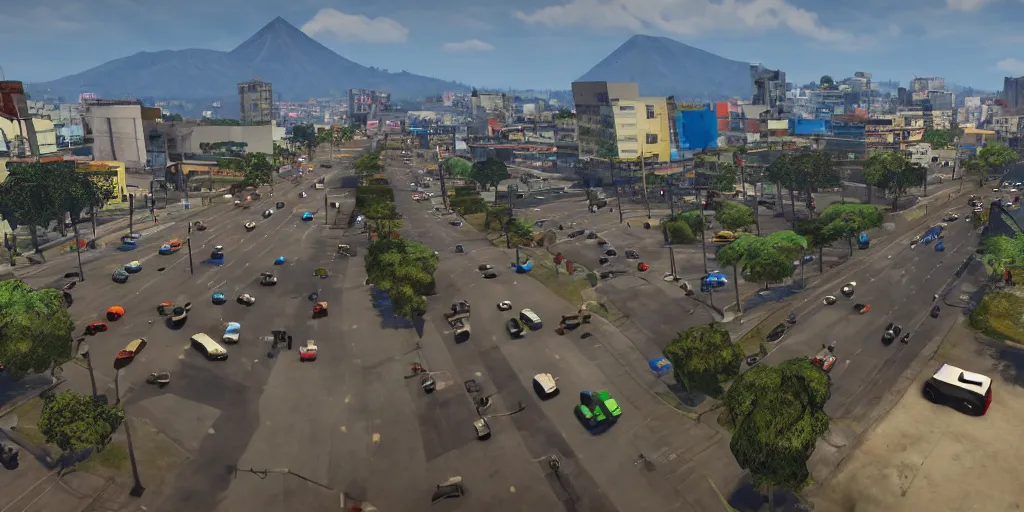 Prompt: guatemala city if it was a game like grand theft auto v first person view, head - up display with realistic visuals and award winning gameplay