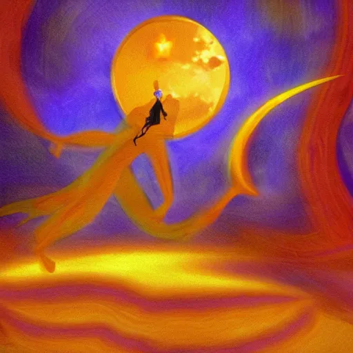 Prompt: beautiful desert djinn dancing under 3 moons abstract fantasy