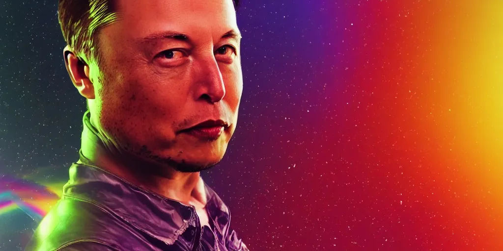 Prompt: elon musk with the face of waya steurbaut hero combination rainbow glowing suite high resolution film render 100k, photo realistic, epic, colourful close up shot