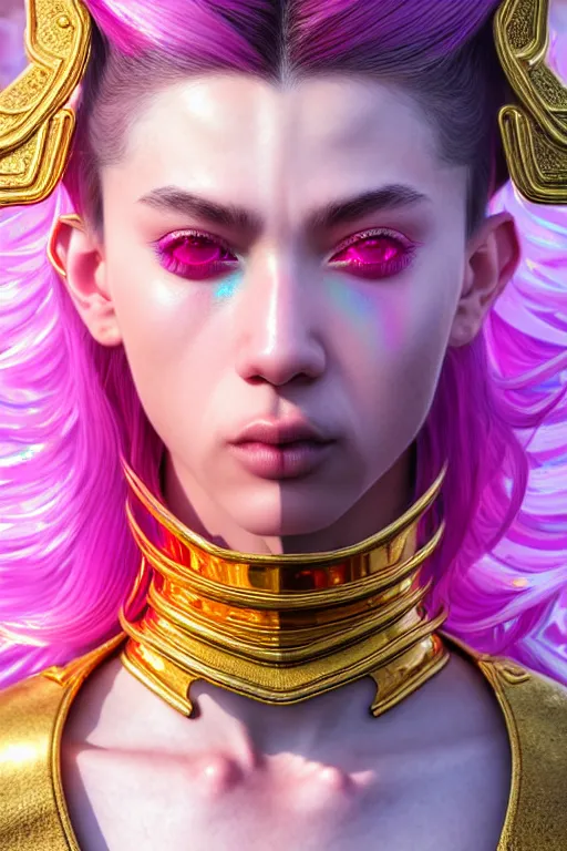 Image similar to hyperdetailed portrait of a stunningly beautiful european girl androgynous guard made of iridescent metals shiny pink gems, bright rainbow gold sparkled nimbus, inspired by ross tran and wlop and masamune shirow and kuvshinov, concept art, intricate, photorealistic, octane render, rtx, hdr, unreal engine, dnd digital art by artgerm