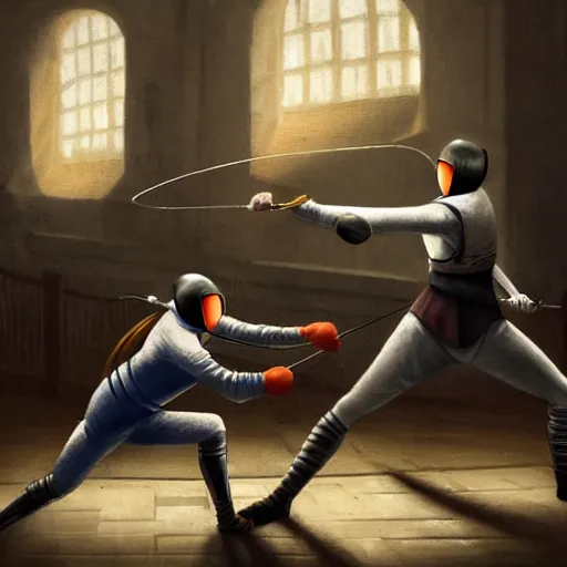 Prompt: a great fencing duel for the ages taking place in midtown england ilust. 1 7 8 4, atmospheric lighting, detailed, hdr, 4 k, best on wlop, pixiv, stunning, gorgeous, much wow, cinematic, masterpiece