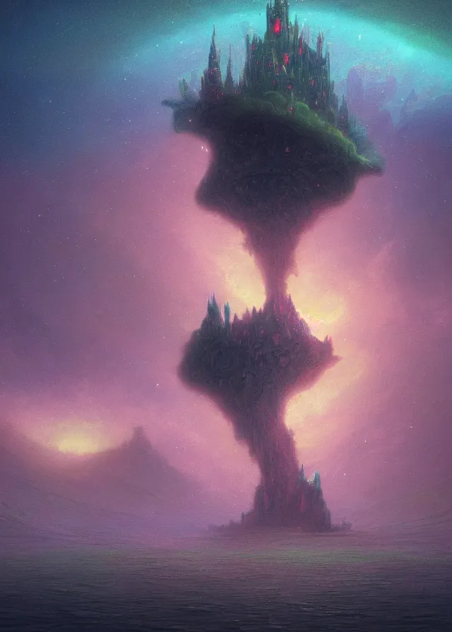 Image similar to an ultra detailed midjourney concept digital art painting of a singular floating island with a castle, flying citadel levitating across space in a misty pearlescent nebula by paul lehr kazumasa uchio situated in a starry expanse of bioluminescent cosmic worlds by beksinski and beeple, ecological art, flying citadel with towers, trending on artstation