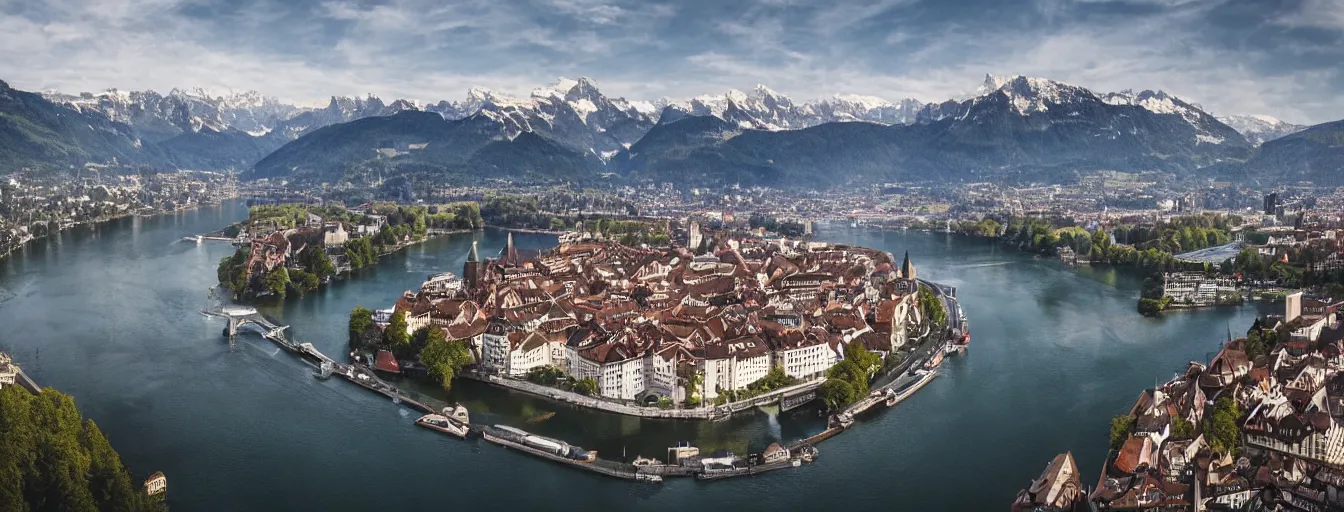 Image similar to Photo of Zurich, looking down the river at the lake and the alps, Hardturm, Grossmünster, wide angle, volumetric light, hyperdetailed, mountain water, artstation, cgsociety, 8k