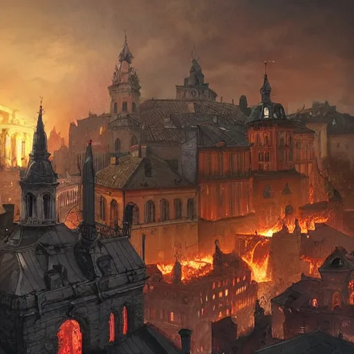 Image similar to lviv downtown in hell, inferno, witches, demons, panorama, highly detailed, full body, digital painting, trending on artstation, concept art, sharp focus, illustration, art by artgerm and greg rutkowski and magali villeneuve