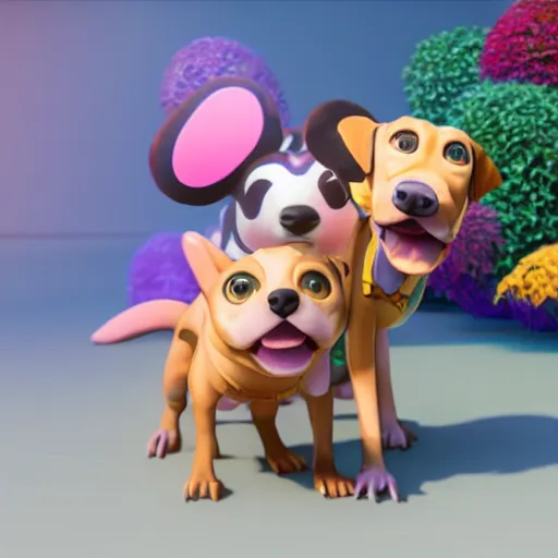 Image similar to cute dogs, 3 d render, illustrated, incredible details, highly detailed, colorful, photorealistic, disney pixar, octane render, iridescent, anime, 8 k