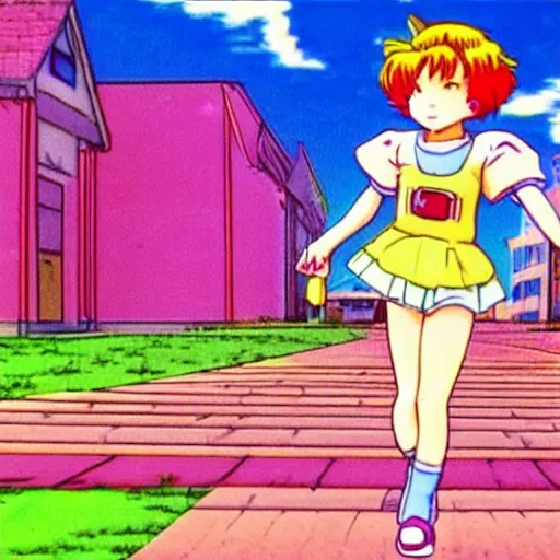 Image similar to beautiful woman chasing her little dog, sprite, vaporwave nostalgia, directed by beat takeshi, visual novel cg, 8 0 s anime vibe, kimagure orange road, maison ikkoku, sketch by akira toriyama