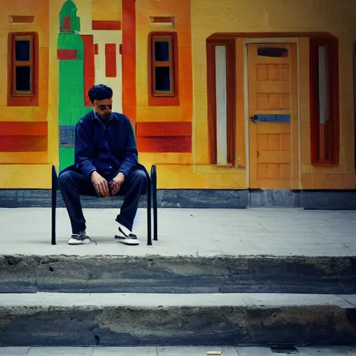 Image similar to a man sitting on a bench in front of a building, a character portrait by kamal ud - din behzad, featured on unsplash, neo - primitivism, matte photo, photo taken with ektachrome, studio portrait