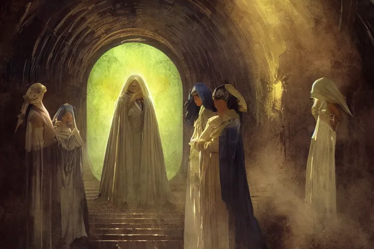 Image similar to inside a tomb, dark scene, light coming in from the left, dark scene, 3 mourning women in colored robes, 2 angels with feathered wings | medium close | fibonacci composition, by greg rutkowski, craig mullins, alphonse mucha