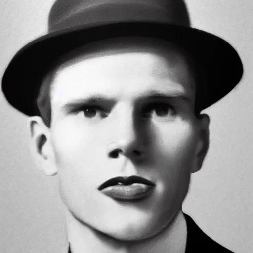 Image similar to A photograph portrait of Jerma985 wearing a suit with and fedora in the 1940s, taken in the early 1940s, grainy, taken on a 940s Kodak Camera, realistic, hyperrealistic, very realistic, highly detailed, very detailed, extremely detailed, detailed, digital art, trending on artstation