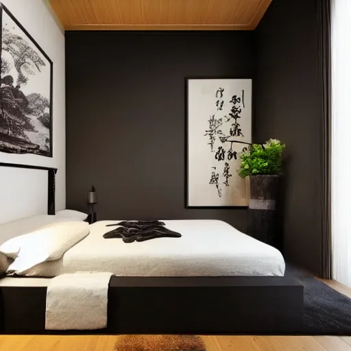 Image similar to bedroom, stone, interior design, stylish luxury hotel bedroom design, yakisugi, black vertical slatted timber, textures, feminine, black walls, art, Japanese pottery vase with flowers, kakejiku, seasonal, Japanese influences