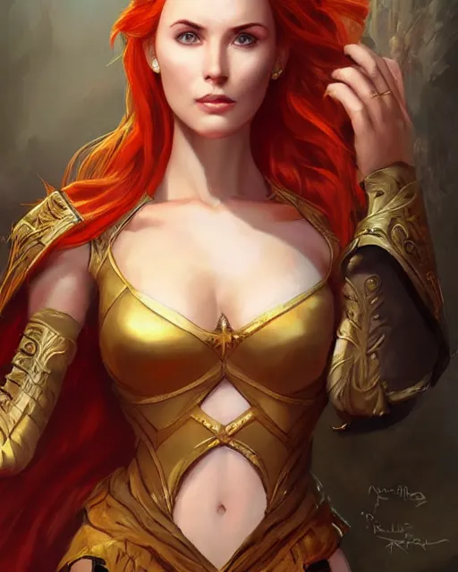 Image similar to a stunning portrait of triss merigold as a queen, digital art by julie bell and artgerm and ross tran and angel ganev, medium shot portrait, highly detailed, trending on artstationhq